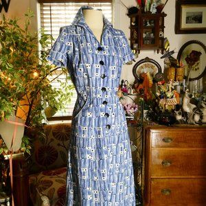 Vivien of Holloway Blue & White Domino Print Tea Dress Size Small